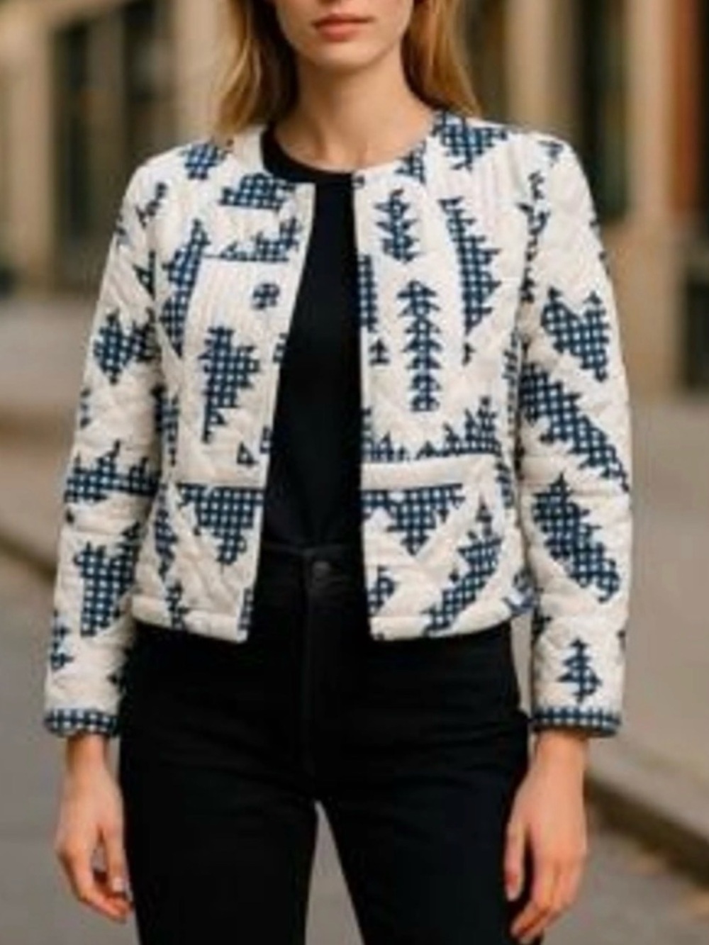 Caroline Constas Quilted Jacket in Blue & White Gloucester Print